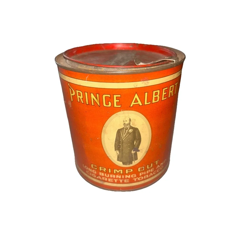 VINTAGE PRINCE ALBERT CRIMP CUT TOBACCO  EMPTY STORAGE TIN RED/WHITE DECORATIVE